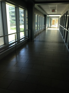 Hallway into MATC - outside of OT Clinic.  It is dark because the power is out.