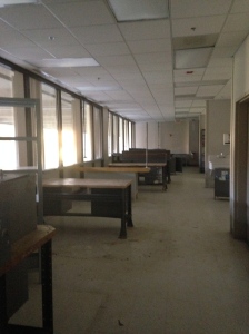 Walking into the hospital now... This is the prosthetics lab where they assembled the arms and legs.  Empty now.